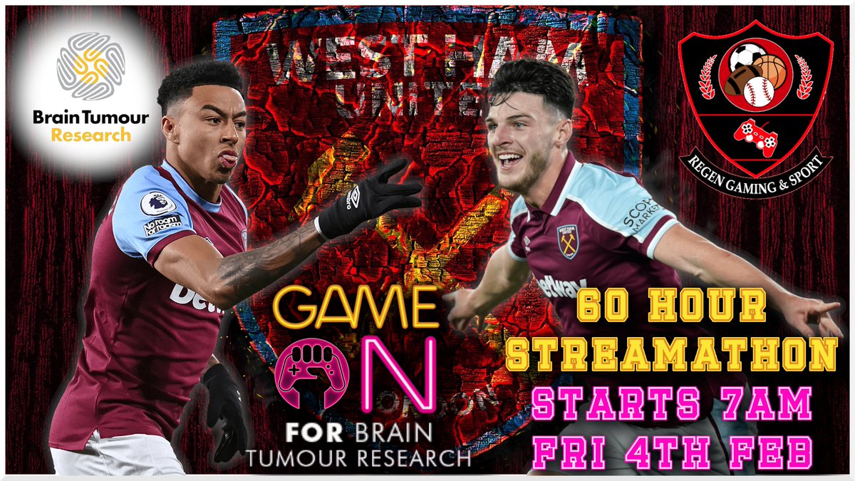 GamingRegen's tweet image. We are pleased to announce that, starting at 7am on Fri 4th Feb, we will be taking part in a charity &apos;Streamathon&apos; in aid of @braintumourrsch.

We&apos;ll be &apos;kicking off&apos; with @WestHam &amp;amp; seeing how far we can go with The Hammers across a min. of 60 hours of content!

More to follow!