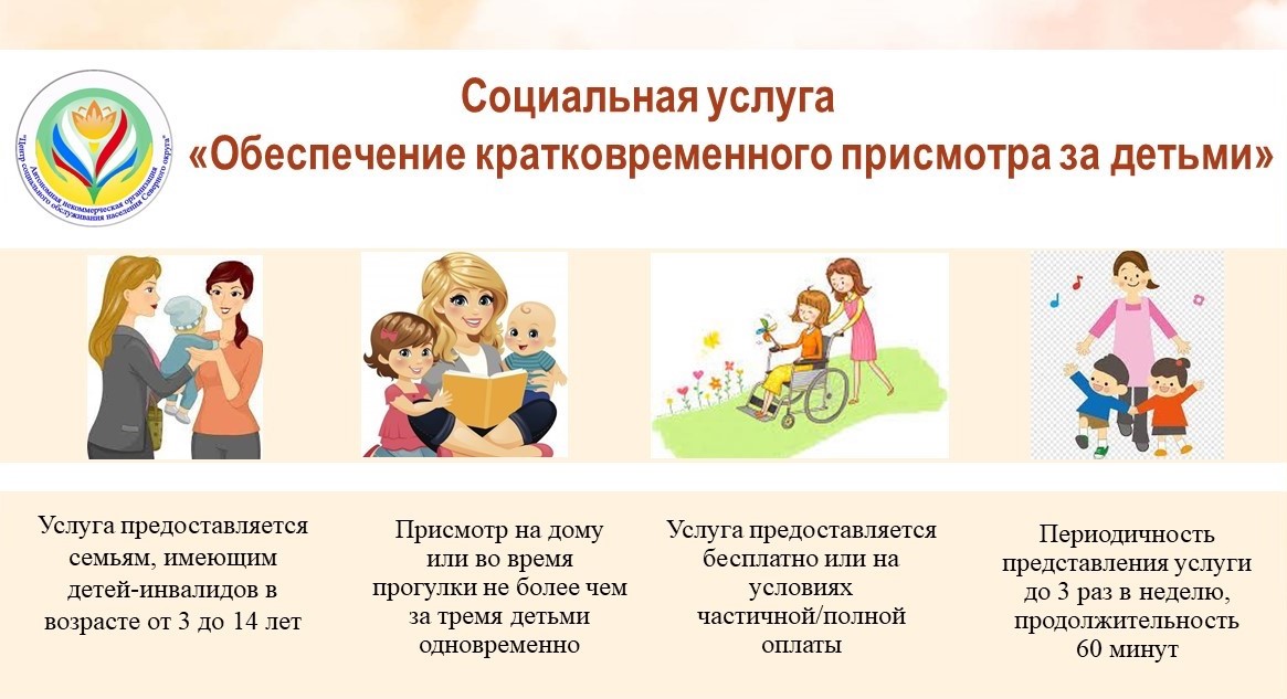 Услуга «Обеспечение кратковременного присмотра за детьми» предоставляется в АНО «ЦСОН Северного округа» семьям, имеющим детей-инвалидов в возрасте от 3 до 14 лет, на территории 6 муниципальных районов бесплатно, на условиях частичной/полной оплаты. cso44.ru/news/3149/
