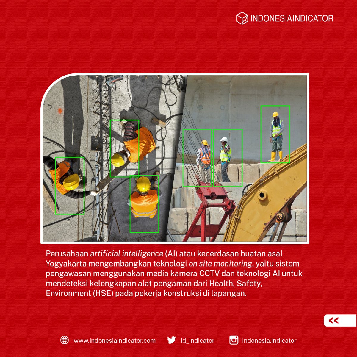 id_indicator's tweet photo. Tahukah #SobatI2, ada perusahaan asal Yogyakarta yang menciptakan teknologi on site monitoring untuk menekan kasus kecelakaan pekerja di perusahaan konstruksi dan pertambangan lho. Bagaimana ya cara kerjanya?
#IndonesiaIndicator #kecerdasanbuatan #onsitemonitoring #kerja https://t.co/umB3kCnvoT