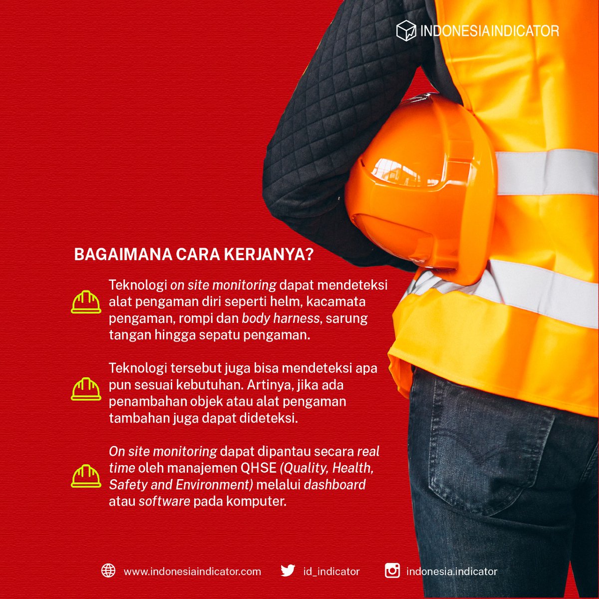 id_indicator's tweet photo. Tahukah #SobatI2, ada perusahaan asal Yogyakarta yang menciptakan teknologi on site monitoring untuk menekan kasus kecelakaan pekerja di perusahaan konstruksi dan pertambangan lho. Bagaimana ya cara kerjanya?
#IndonesiaIndicator #kecerdasanbuatan #onsitemonitoring #kerja https://t.co/umB3kCnvoT