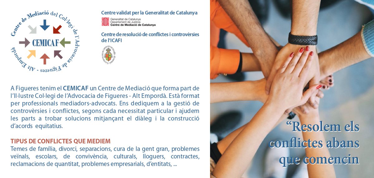 icafigueres's tweet photo. Celebrem el dia Europeu de la Mediació
Trenca la dinàmica de confrontació
Enfortim l’espai per a l’acord
Utilitza la mediació com a eina de cohesió i solució de controvèrsies
Ens trobareu a la Plaça de l’Ajuntament de 12 a 14 i 16 a 18
#CEMICAF
#DiaEuropeuMediacio https://t.co/my9tH6w8xl