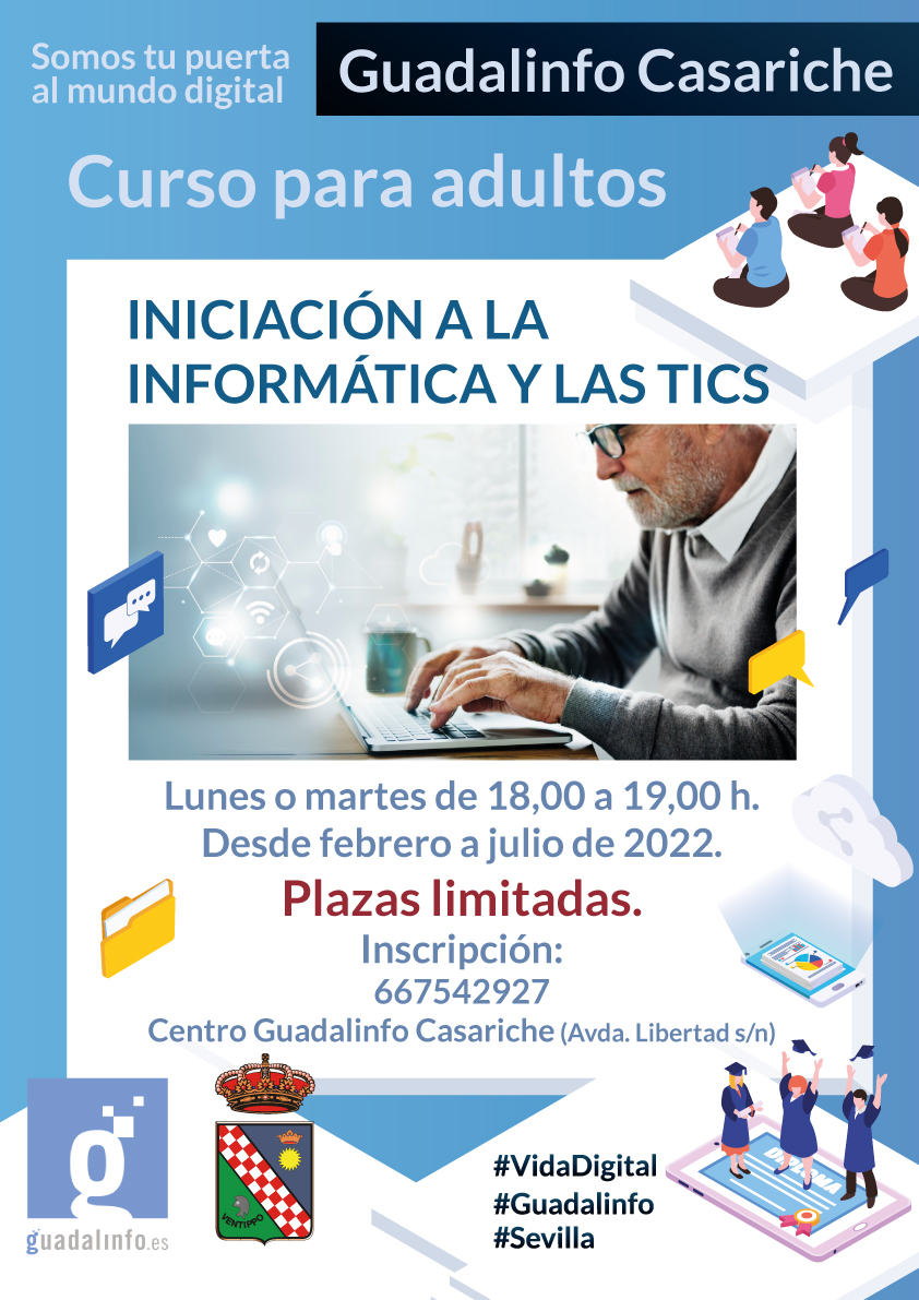 Comenzamos con las clases para adultos de "Iniciación a la informática y las TICs". Serán clases de un día a la semana, lunes o partes de 18,00 a 19,00 h. ¡Apúntate ya!

#Guadalinfo2022
