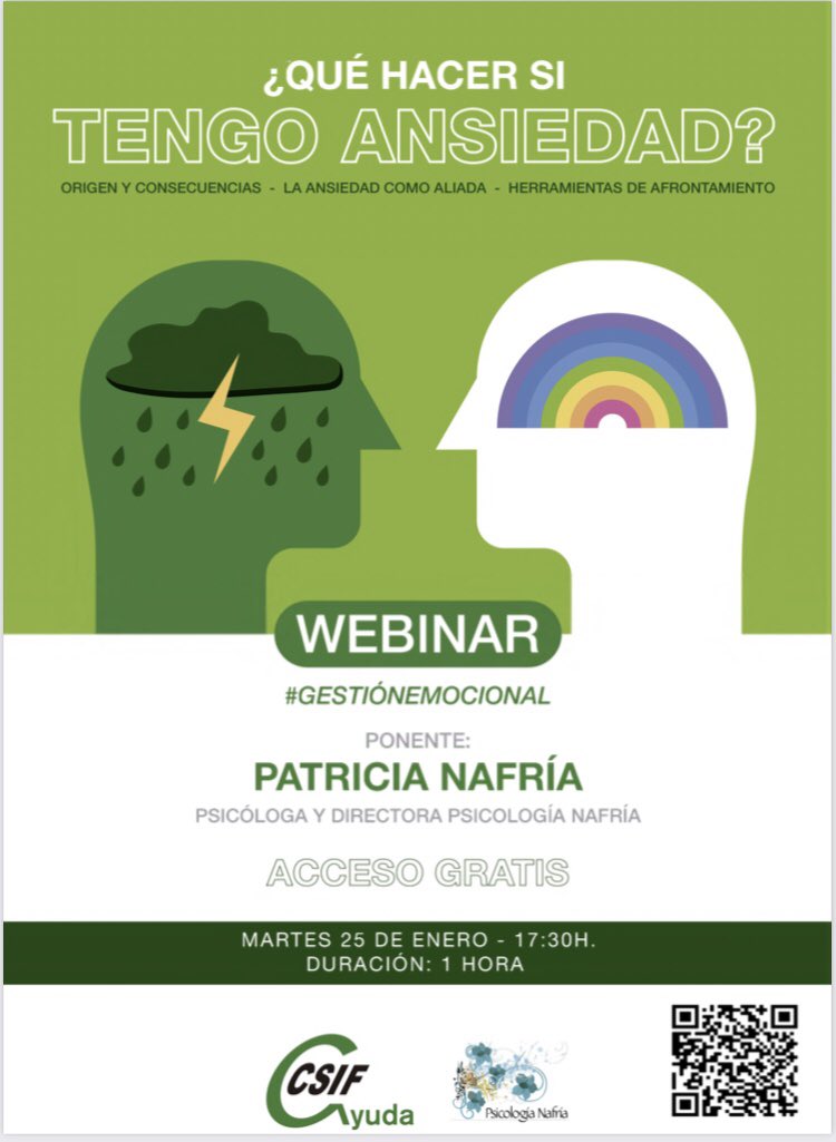 💻 ¡¡¡RECUERDA!!! El próximo martes, a las 17.30, tienes la oportunidad de participar en el webinar organizado por <a href="/CSIF_PRL/">CSIF PRL Nacional</a>,  '¿Qué hacer si tengo ansiedad?', con Patricia Nafría. #gestiónemocional
✒️En la web de #CSIF puedes realizar tu inscripción:
➡️ csif.es/node/333864