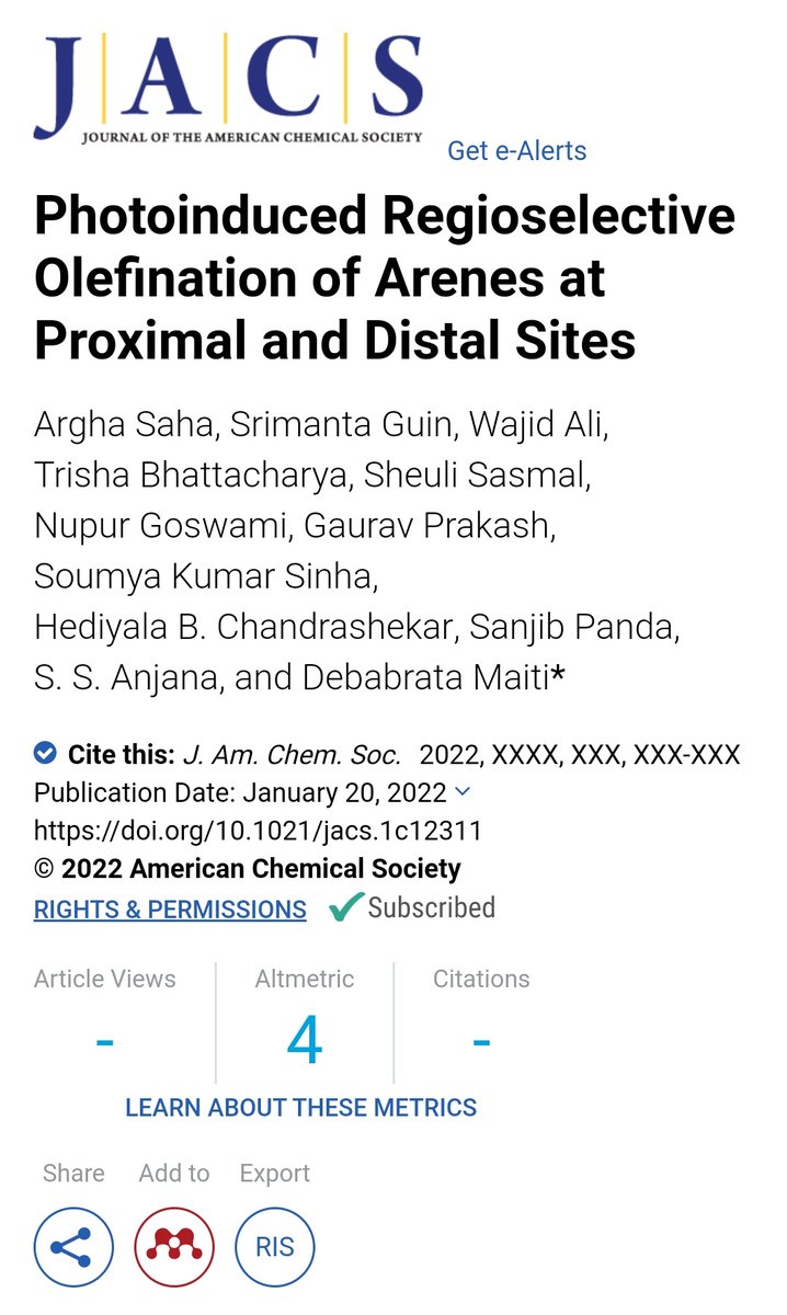 Our latest work on "Photoinduced Regioselective Olefination of Arenes"  at <a href="/dm_lab/">DM Lab IIT Bombay</a> got accepted in <a href="/J_A_C_S/">J. Am. Chem. Soc.</a>  
Congratulations to all
Argha <a href="/WAJIDALI1922/">WAJID ALI</a> <a href="/GuinSrimanta/">Srimanta Guin</a> @TrishaB76564473 <a href="/SasmalSheuli/">Sheuli Sasmal</a> @Nupur_DMLab <a href="/soumyas007/">soumya sinha</a> <a href="/Chandra_hb77/">Chandrashekar HB, Ph.D. 🇮🇳</a>  <a href="/maiti_iitb/">Debabrata Maiti</a> 
Link doi.org/10.1021/jacs.1…