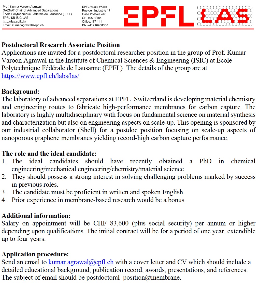 Kumar Varoon Agrawal (@kvagrawal) on Twitter photo Please RT
We have an open postdoc position in our group
epfl.ch/labs/las
for an exciting project on the scale-up of 2D membranes with extremely attractive carbon capture performance. See the description in the attachment.
<a href="/EPFL_CHEM_Tweet/">EPFL Chemistry</a> <a href="/J_Membrane_Sci/">Journal of Membrane Science</a> <a href="/ScienceValais/">Science Valais / Wissenschaft Wallis</a> Please RT
We have an open postdoc position in our group
epfl.ch/labs/las
for an exciting project on the scale-up of 2D membranes with extremely attractive carbon capture performance. See the description in the attachment.
<a href="/EPFL_CHEM_Tweet/">EPFL Chemistry</a> <a href="/J_Membrane_Sci/">Journal of Membrane Science</a> <a href="/ScienceValais/">Science Valais / Wissenschaft Wallis</a>