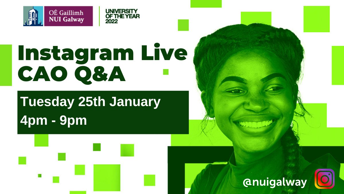 Are you putting the finishing touches to your CAO application? Have you any last minute queries on studying @nuigalway? Join us for our Instagram Live on Tuesday from 4-9pm. #CAO #LeavingCert2022
