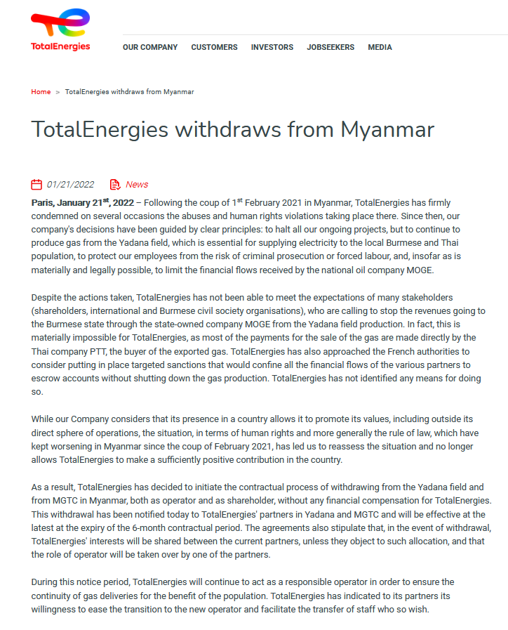 KhirisWord's tweet photo. After 30 years @TotalEnergies withdraws from Myanmar. The divestment will be effective within 6 months. It is not expected to cut cash flow for the military since Total interests will be shared between the other partners of the joint venture.
Sanctions still needed
#SanctionMOGE https://t.co/wwZxX3AL8y