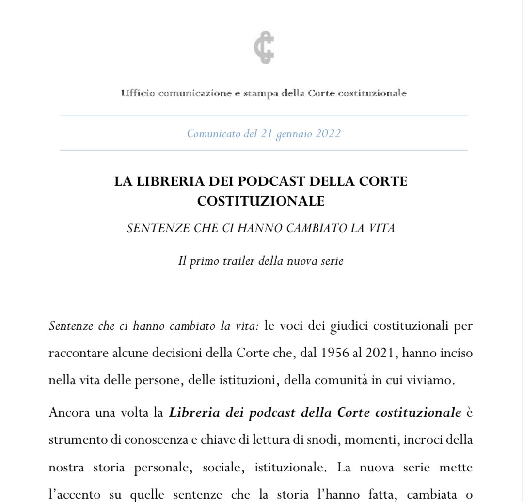 Sentenze che hanno cambiato la nostra vita: pandemia, terzo settore, vaccini, aborto, cognome materno, disabilità e molti altri gli ambiti incisi dalle storiche sentenze della Corte.

cortecostituzionale.it/documenti/comu…

Il primo episodio uscirà venerdì 28 gennaio.

#libreria #podcast