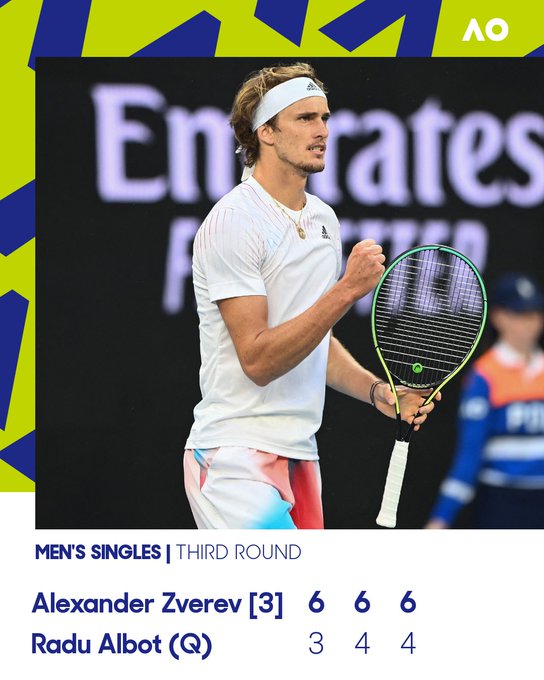 Score graphic of Alexander Zverev defeating Radu Albot 6-3 6-4 6-4 in the third round of Australian Open 2022.