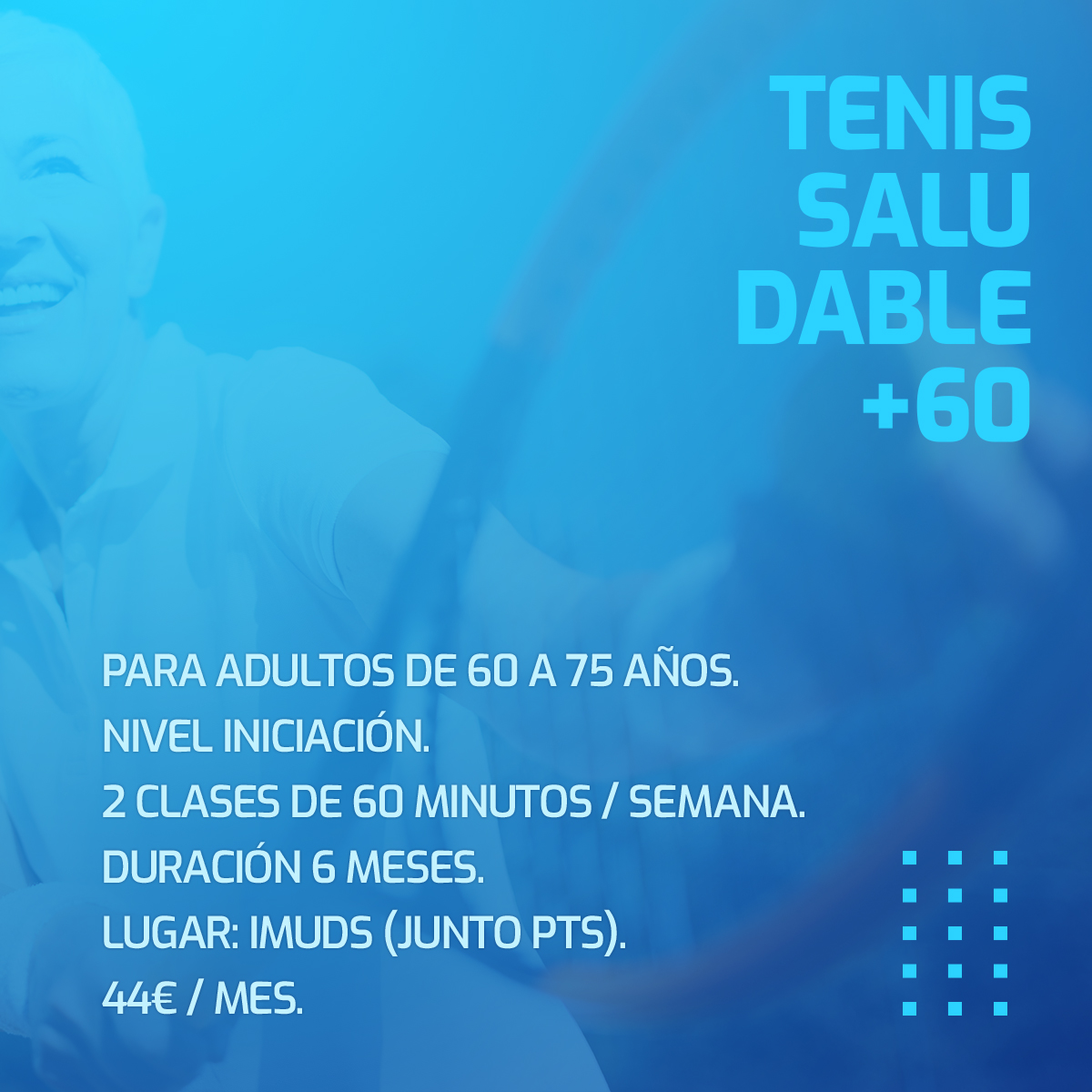 HumanLab_iMUDS's tweet photo. ¡Participa en nuestro proyecto #TenisSaludable +60!

Adultos entre 60 y 75 años.
Nivel: Iniciación
Duración: 6 meses

Para participar puedes llamar al 688 252 675 o escribir un correo a proyecto.tenis@ugr.es 

#Humanlab #iMUDS #UGR #PTS #Granada #tenis #deporte #salud https://t.co/yxqFOl610h