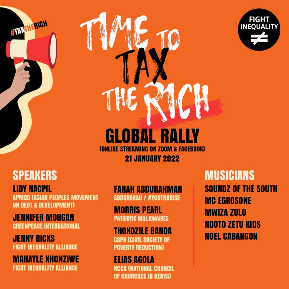 📢3 hrs 30 mins to the Global Digital Rally 🪧

It's not too late! Register here for the zoom link bit.ly/3rqImbl

⏰Manila 8:30pm; Dakar 12:30pm Mexico City 6:30am

 #FightInequality #TaxtheRich