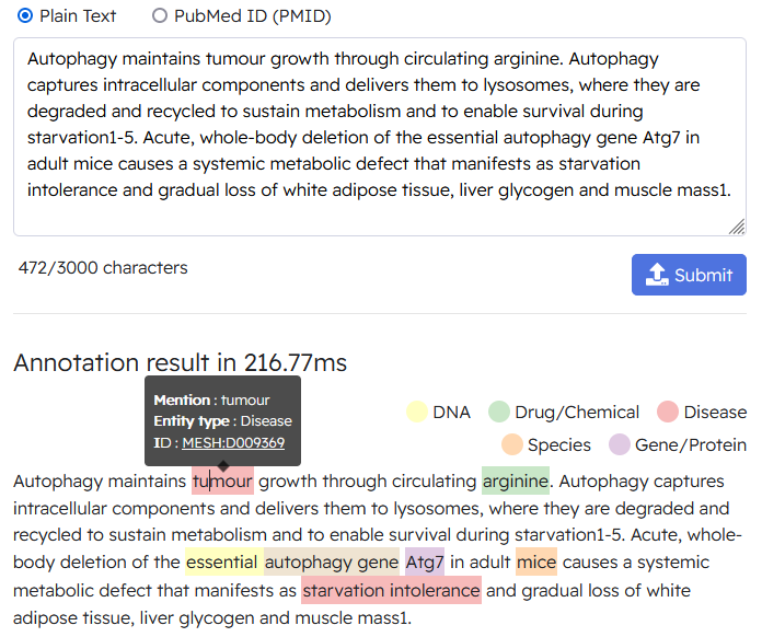Excited to share BERN2! We use state-of-the-art biomedical NER and normalization models to annotate 9 biomedical entity types in real-time (0.3 sec/abstract).

Web Service: bern2.korea.ac.kr 
Github: github.com/dmis-lab/BERN2 
Paper: arxiv.org/abs/2201.02080