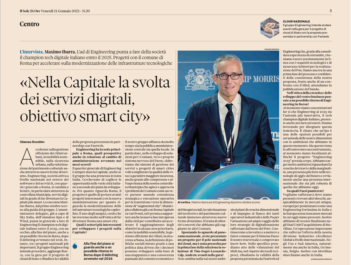 EngineeringSpa's tweet photo. "Siamo concentrati a far sì che Engineering nel 2025 sia l'azienda più innovativa, il Tech Champion digitale italiano, presente anche nei mercati esteri": #MaximoIbarra nell'intervista di @SimonaRossitto sul @sole24ore. #ThinkDigital #DigitalTransformation https://t.co/vh3Af1YtmC https://t.co/0DoFrMydoA
