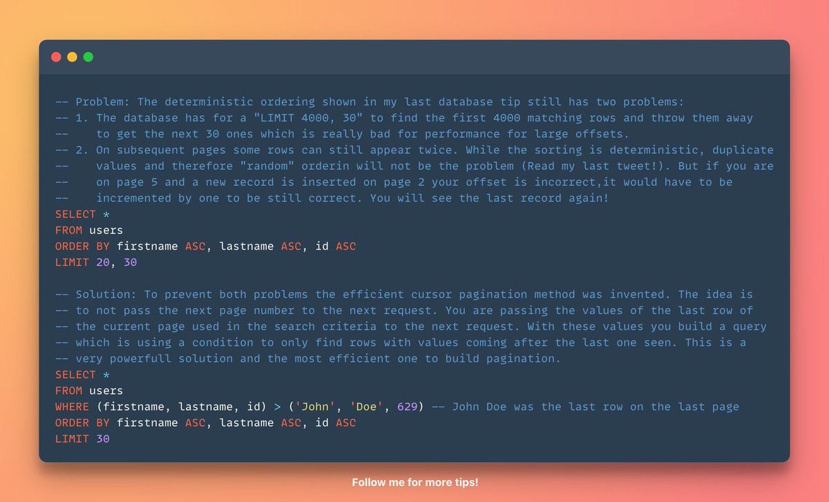 ⚡️ Database Tip

Every tutorial for pagination is sharing the same inefficient and wrong concept of pagination with LIMITs.  Cursor pagination is much more efficient and won't show rows multiple times which will happen sometimes!