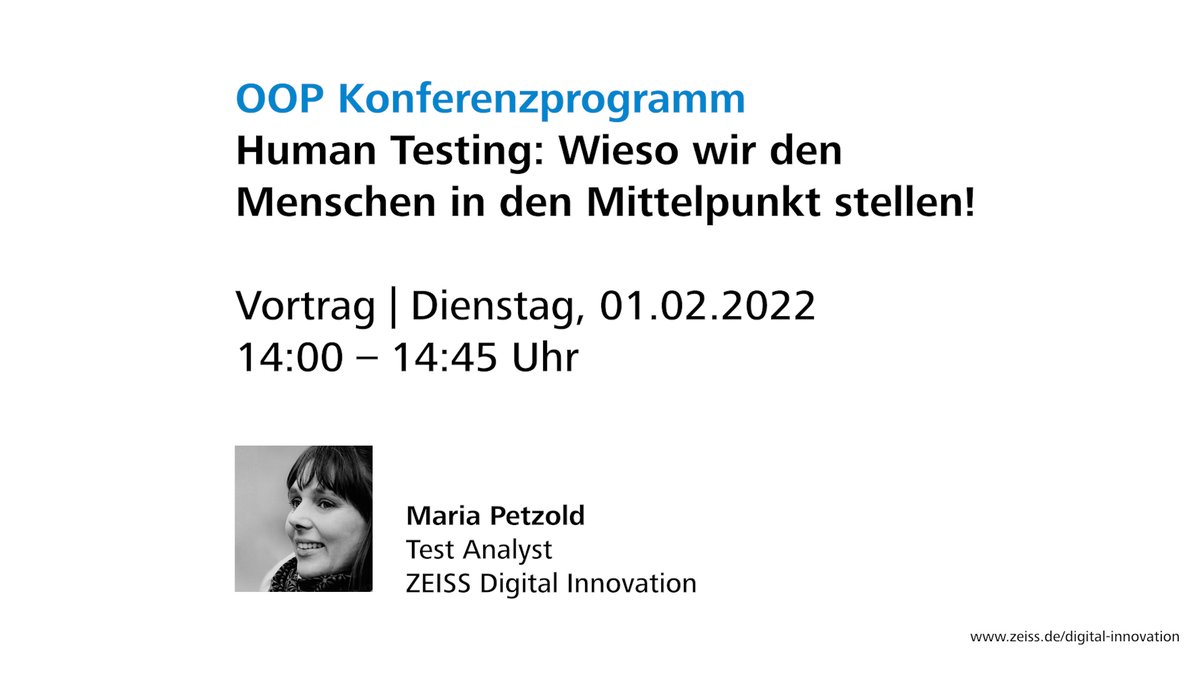 ZEISS_di's tweet photo. Auf der #OOPdigital erläutert @mariapetzold13 in ihrem Vortrag (01.02.2022, 14:00 Uhr), welche Vorurteile ihr gegenüber manuellem Testen begegnet sind und wieso das manuelle Testen zukünftig als Human #Testing zu betrachten ist. 

https://t.co/clhJOMVTS0 https://t.co/wkjNbW0teW
