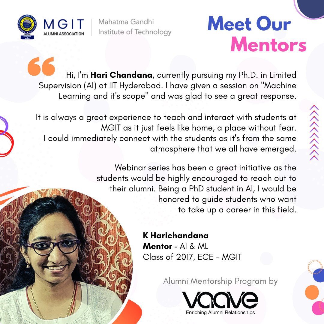hoopstr_ai's tweet photo. Meet Ms. Harichandana, Mentor - AI, ML, ECE batch of 2017 from MGIT who has helped the potential and future university students with her enlightening and gratifying session in association with 13x Learning by Vaave. https://t.co/RsHxczrSFC