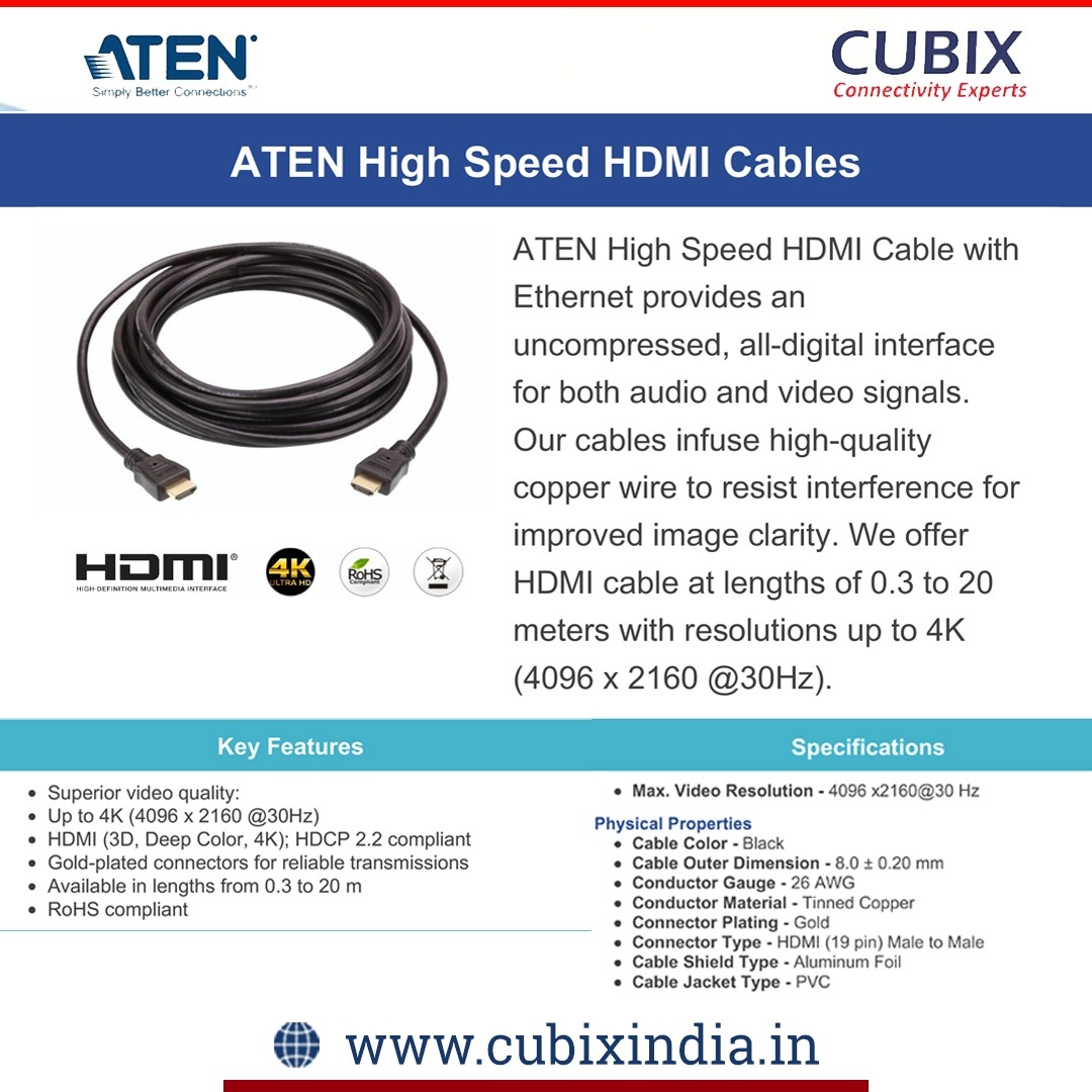 CubixIndia's tweet photo. ATEN High Speed HDMI Cable with Ethernet provides an uncompressed, all-digital interface for both audio and video signals.

Know More:- https://t.co/nuHpKWJrR9
.
.
#aten #hdmicable #ethernet #audio #videosignals https://t.co/5XRYSumYrC