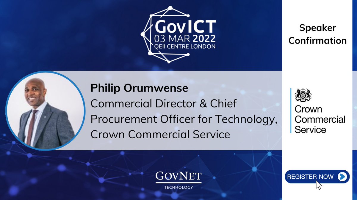 Excited to hear from <a href="/OrumwensePhilip/">Philip Orumwense CBE</a> on 3rd March at #GovICT2022. Philip is the Commercial Director &amp; Chief Procurement Officer for Technology at <a href="/gov_procurement/">CrownCommercialServ</a>

Places for the public sector are free of charge, register using the link below 👇
hubs.la/Q012n9kh0

#GovICT