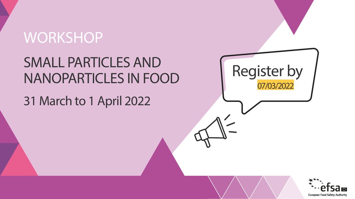 EFSA_EU's tweet image. 💡 Workshop | #SmallParticles and #Nanoparticles in #food | 📅31/3 - 1/4/22

Are you preparing dossiers on food/feed additives, food contact materials, novel foods and pesticides to be assessed by us and regulatory risk assessors?

👉 Join the discussion!
bit.ly/3KsNYdN