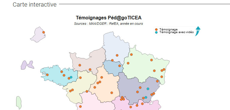 📆 2022 - 🌍 La carte interactive Péd@goTICEA
🚀 Nouvelle possibilité plus visuelle d’accéder aux témoignages 🚀 - Pédagogie et numérique dans l’#EnseignementAgricole  #chlorofil #NumeriqueEducatif
eduter.fr