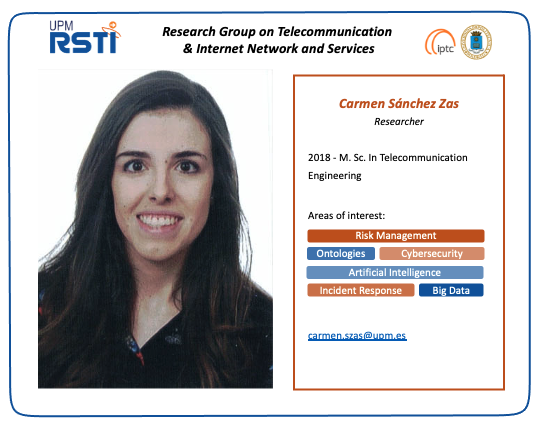 RSTI_UPM's tweet photo. Next to be introduced from our Research Group is @carmenzas107, researcher and Ph.D. student at @telecoupm. Currently focused on #RiskManagement, #IncidentResponseSystem and #Ontologies for #Cybersecurity https://t.co/QSYwwsKCj5