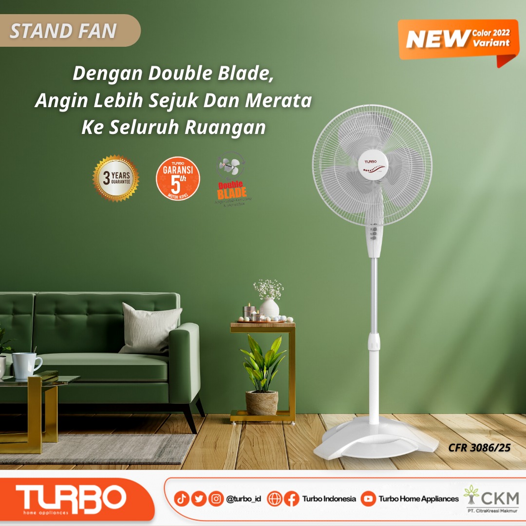 New Color 2022✨

Stand Fan 16” CFR 3086 hadir dengan warna baru. Menggunakan Motor tembaga sehingga lebih kuat dan tahan lama. Dilengkapi 3 tombol kecepatan, Daya 55-65 watt , 5 Tahun Garansi Motor &amp; 3 Tahun Garansi Produk✨

#Fan #StandFan #Kipasangin #KipasAnginTurbo #Turbo
