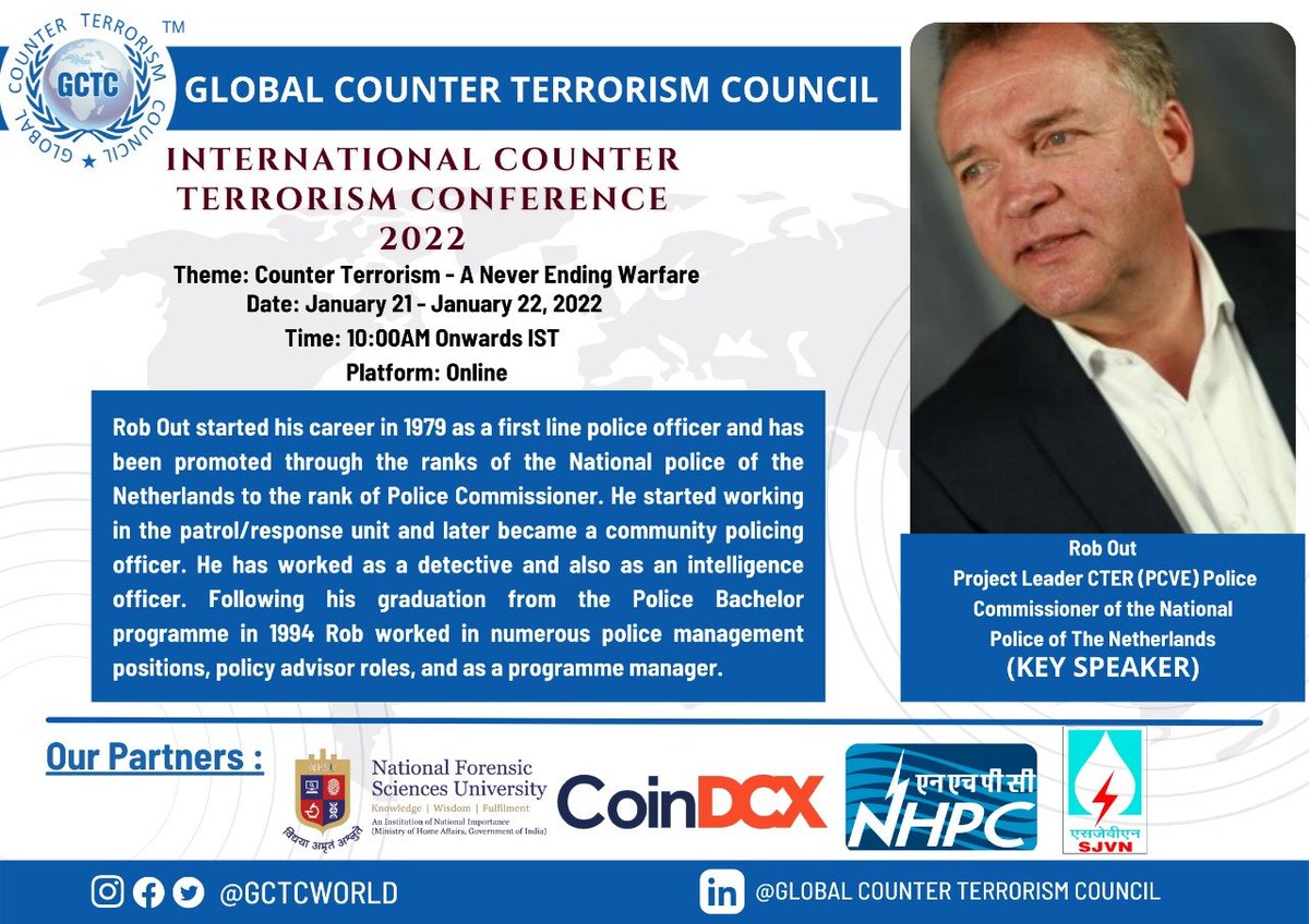 GCTCWORLD's tweet photo. #GCTC is honored to host Mr Rob Out as a key speaker for the session on Enhancing Counterterrorism Capabilities at the International Counterterrorism Conference 2022
#counterterrorism #fightagainstterror #training #Combatterrorism #globalcollaboration https://t.co/ktR91BWqUC