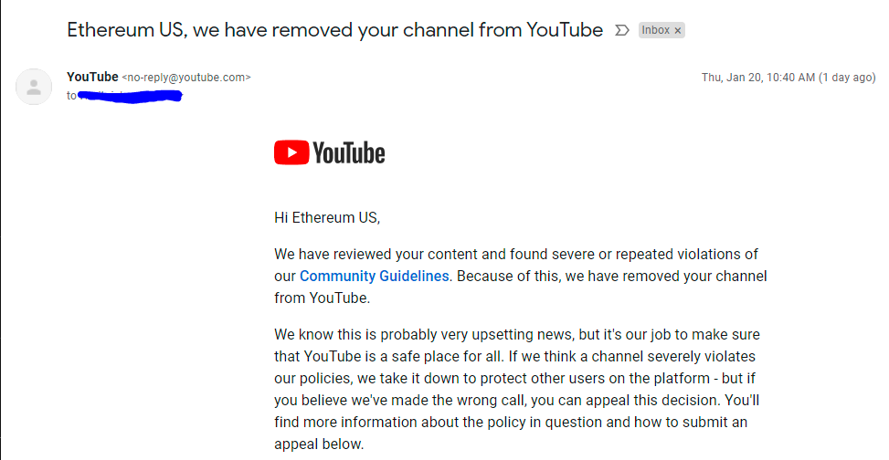 techresite's tweet photo. It is very shameful that a reputed company like youtube would remove access to my youtube account for video which I have never uploaded. The name of my channel is tech resite. and I received the mail on the name ethereum . @YouTube @YouTubeIndia @YouTubeCreators @YouTube https://t.co/G2etjAWAzp