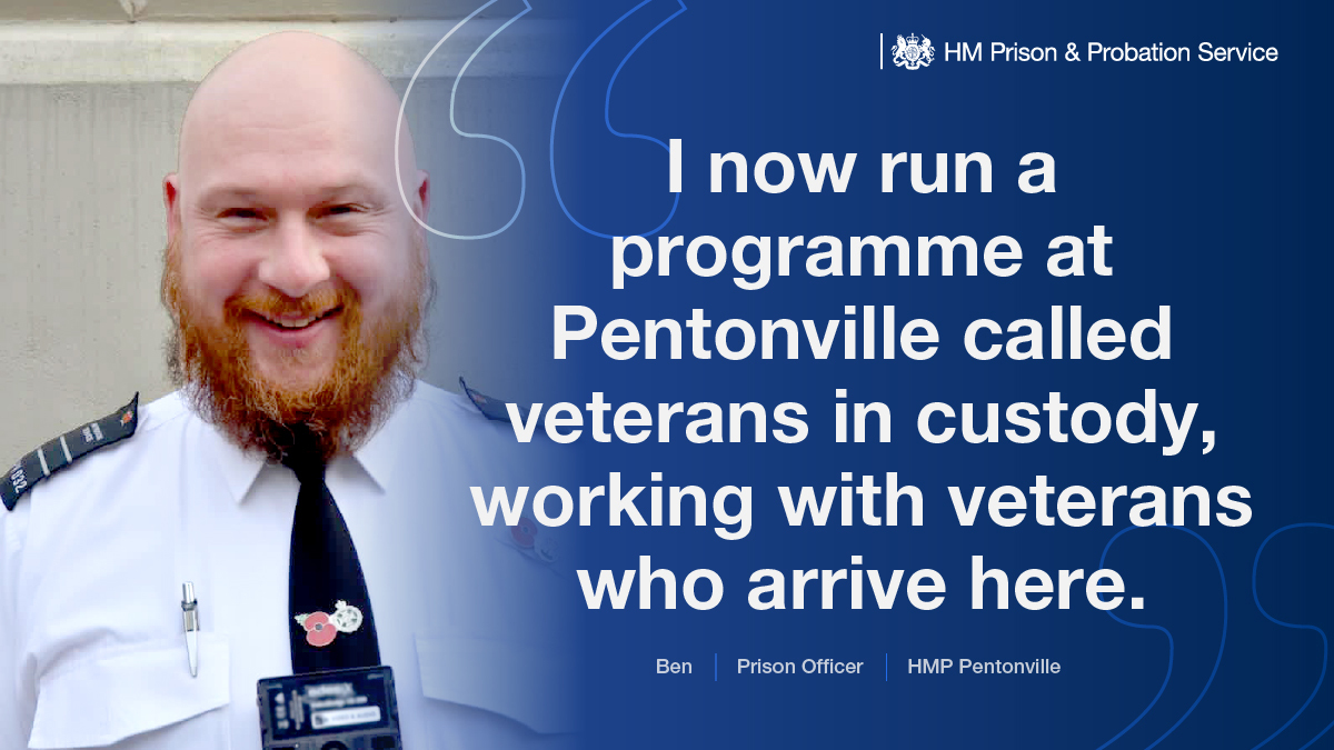 The #VeteransStrategy allows veterans to bring their skills and expertise into a broad range of roles across HMPPS. Ben joined @HMPPentonville as a prison officer after 5 yrs in 1st Battalion the Royal Green Jackets. Read Ben’s story here: linkedin.com/feed/update/ur…