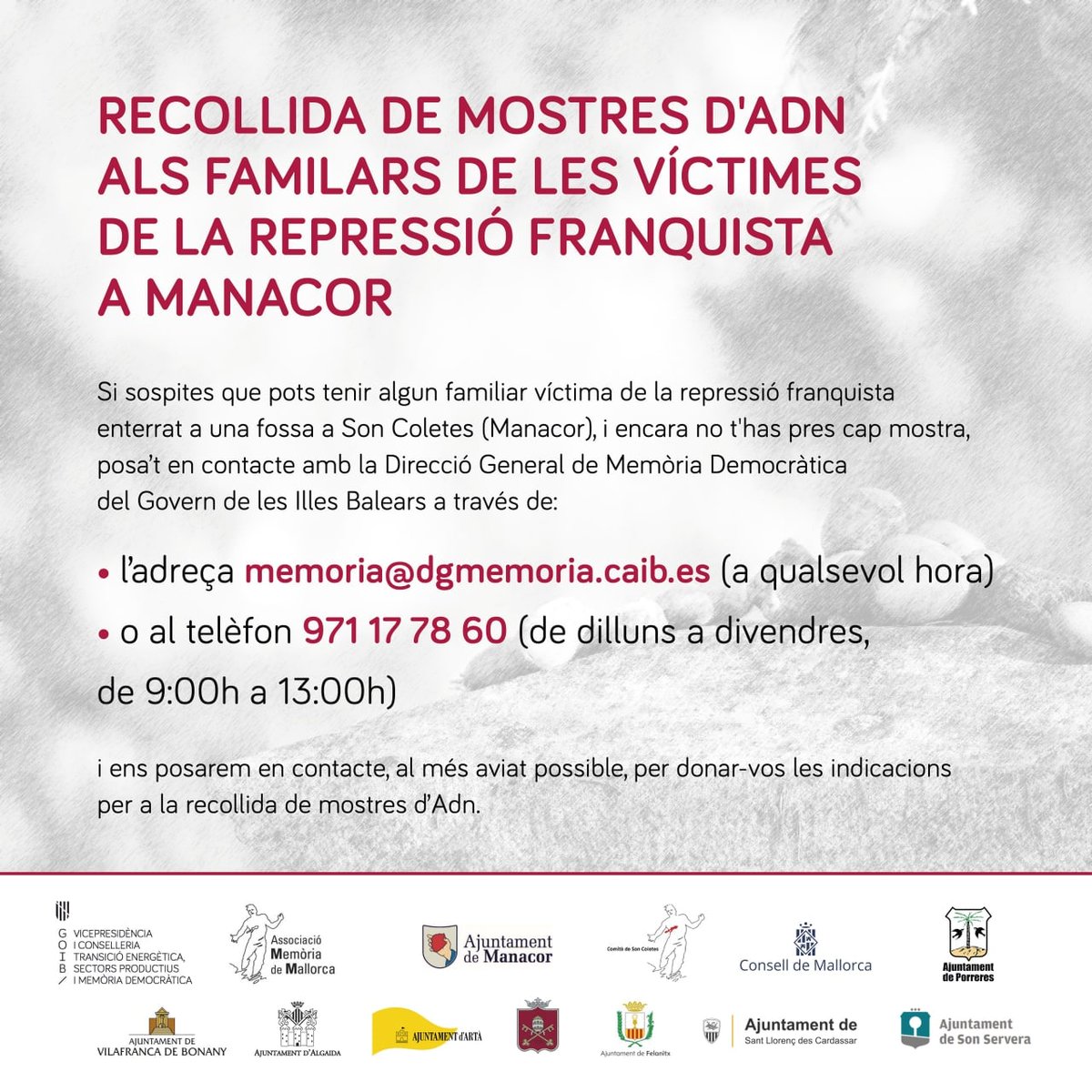 PodeManacor's tweet photo. La recollida de mostres d'ADN és important per poder identificar a les víctimes que s'han trobat a Son Coletes. Aquesta informació és important que arribi al major nombre de persones possibles. https://t.co/KMcIrRkz19