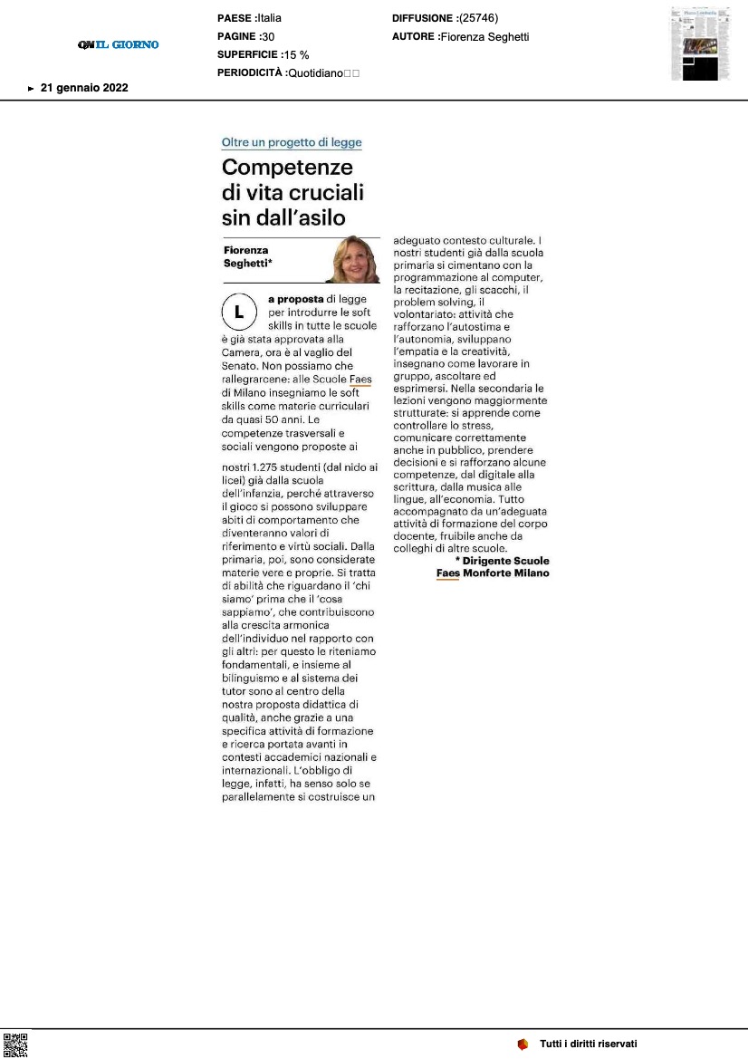 FAESmilano's tweet photo. #Scuole @FAESMilano 
Le soft skills competenze cruciali alle Scuole FAES sono materie curriculari da quasi 50 anni. 
La riflessione di Fiorenza Seghetti Dirigente Scolastico FAES, 
oggi su @IlGiorno https://t.co/Bwo7lFO3rL