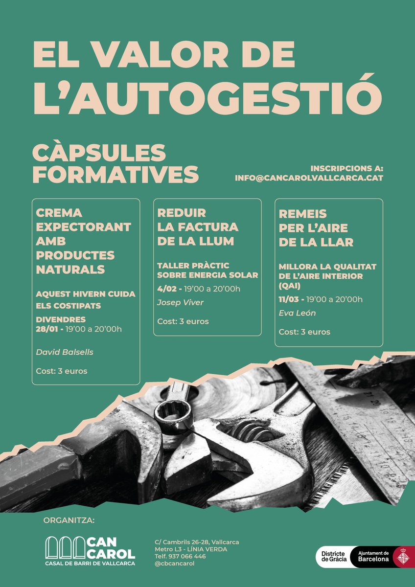 CBCanCarol's tweet photo. #Càpsules #formatives a Can Carol
L’objectiu és oferir espais per fomentar l’#autogestió en diferents àmbits de la nostra quotidianitat.
Comencem amb la #crema expectorant amb productes naturals per cuidar els costipats d'aquest hivern.
⏰28 de gener - 19:00h a 20:00h https://t.co/fBQEQv2Vvk