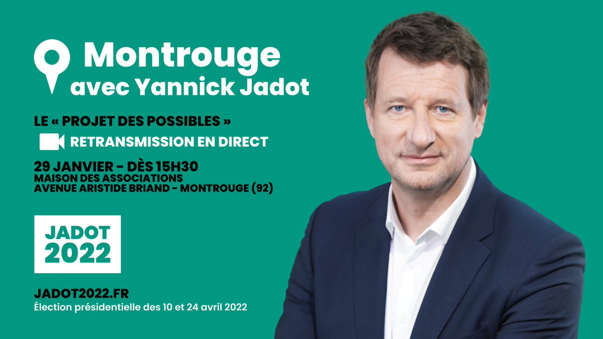 EelvMontrouge's tweet photo. 📣 Événement à #montrouge !! : la retransmission en direct du meeting de #Jadot2022 présentant son programme pour la #Presidentielle2022. A partir de 15h30 à la maison des associations le 29 janvier, dans le respect des règles sanitaires. https://t.co/6FuoP069g7