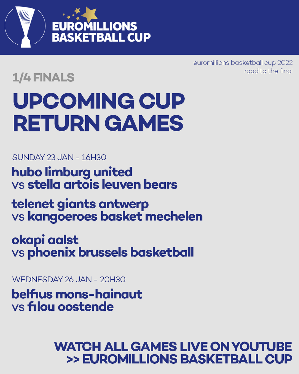 It's GAMEDAY in the #EuroMillions Basketball Cup 🇧🇪🏆🏀 You can watch all games LIVE tonight on the "EuroMillions Basketball Cup" YouTube channel 👉🏻 bit.ly/2KzNypO 👀

#BasketballBelgium #EuroMillionsBasketball #TheCup #BasketballCup
