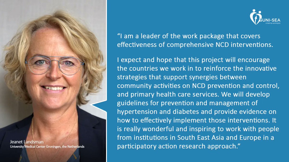 #GetToKnowTheTeam  <a href="/Landsvrouw/">Jeanet Landsman</a> 
Meet Jeanet Landsman,  leader of the work package that covers the effectiveness of comprehensive NCD interventions. Affiliated w/ <a href="/researchumcg/">Research UMCG</a>, she is interested in societal participation and prevention of illness of vulnerable groups in society.