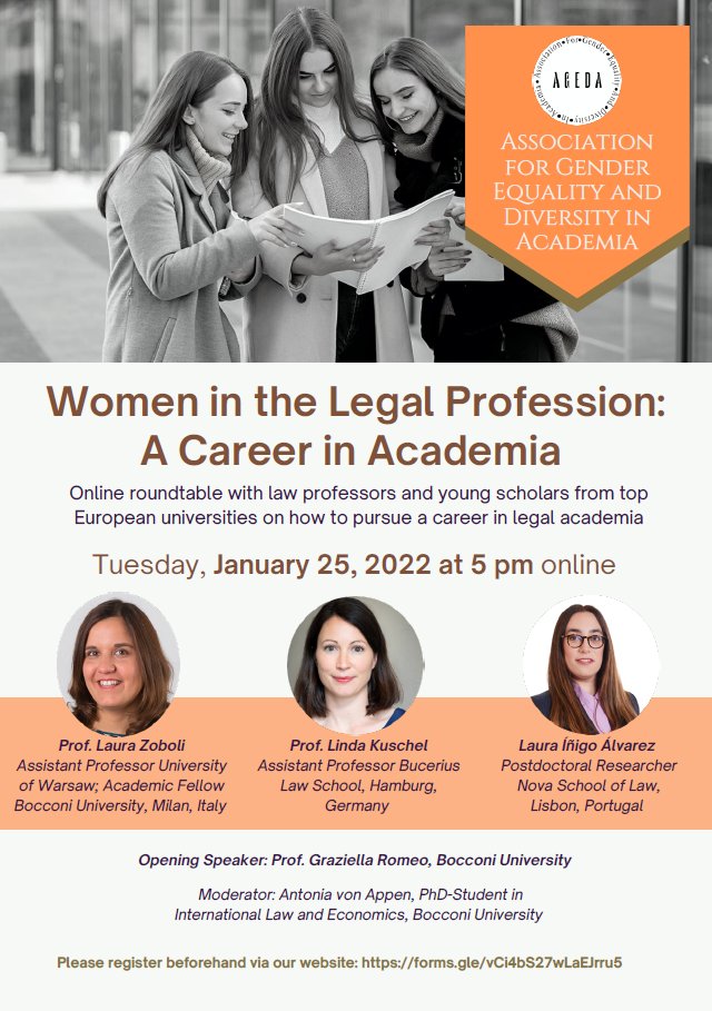Next Tuesday 25/01 at 5pm CET, join AGEDA and a host of inspiring legal scholars for an online roundtable event on Women in the Legal Profession - a Career in Academia! Sign up here --&gt; sites.google.com/view/ageda-boc… Looking forward to seeing you there! #AcademicTwitter #women