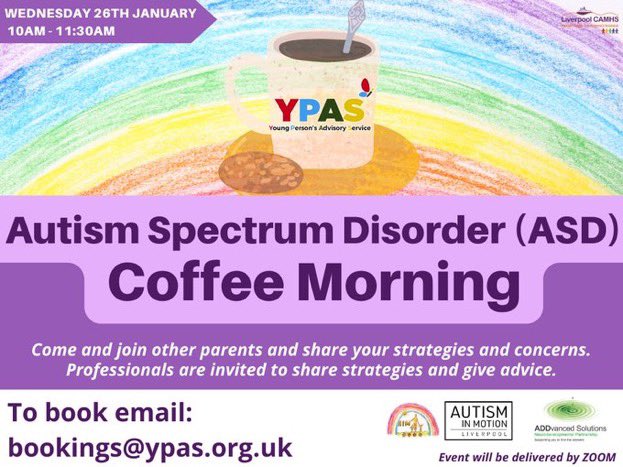 ADDvancedSol's tweet photo. We will be at @YPASLiverpool’s parent/carer coffee event next week along with @aimliverpool discussing ASD. 

Wednesday 26th Jan 10-11.30am (via zoom)

Email: bookings@ypas.org.uk to secure a place. https://t.co/fcSDq6eqVT