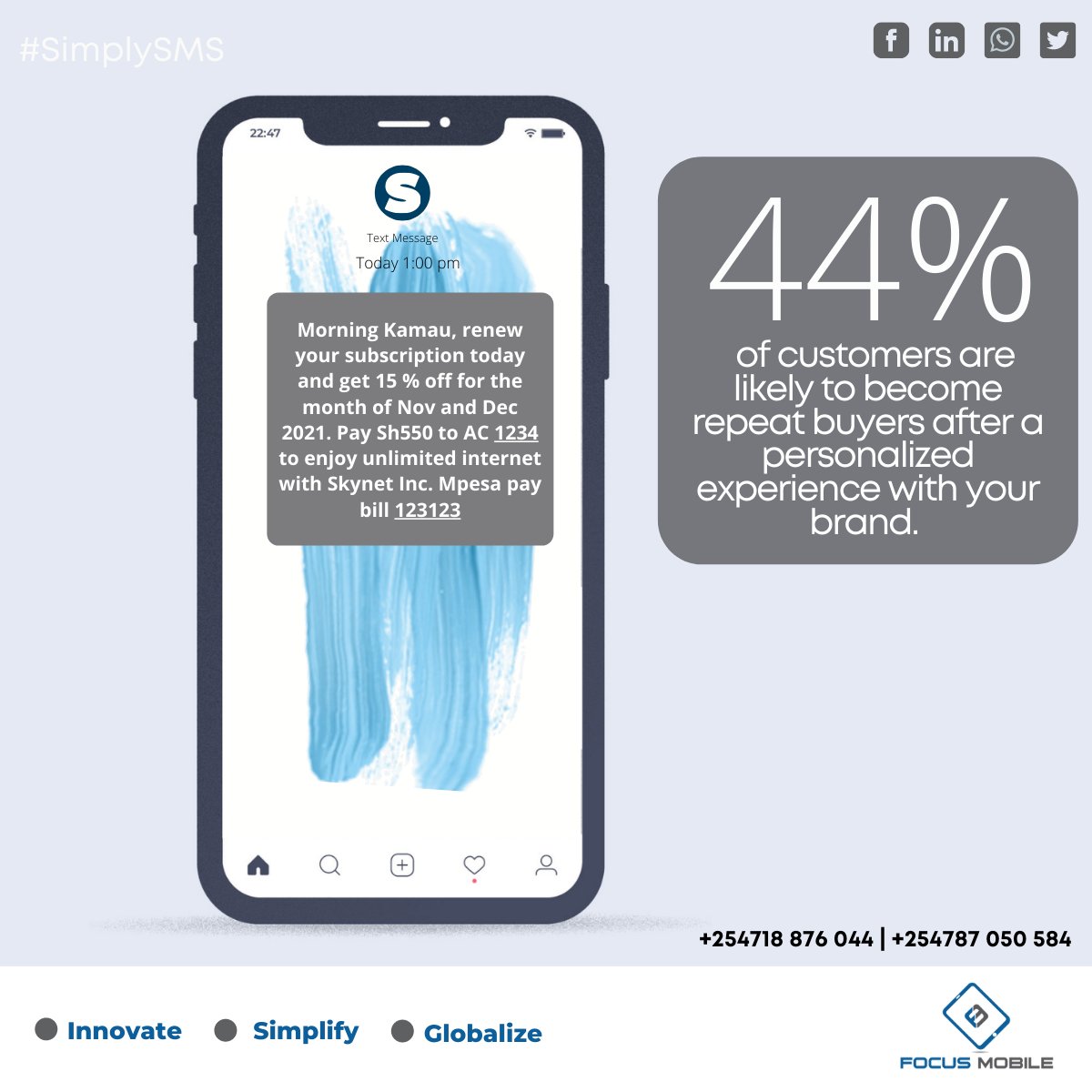 SMSLeopard's tweet photo. #SMSInfo - According to research by @segment, 44% of customers are likely to become repeat buyers after a personalized experience with your #brand. With bulk #SMS from @SMSLeopard you can Customizing by adding #names #account #Numbers #offers & any personalized messages https://t.co/oVKabGdcJV