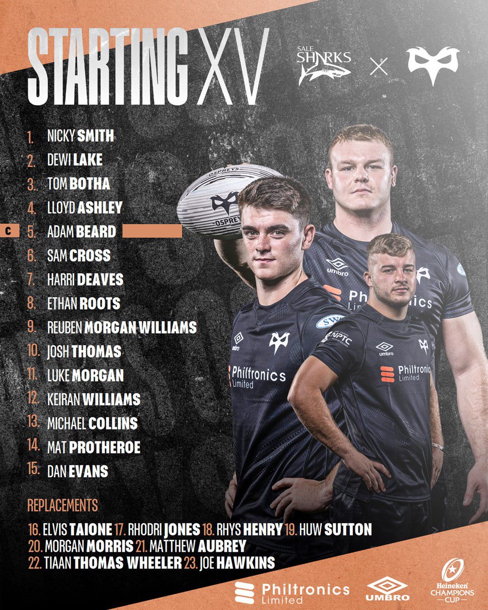 Ospreys (@ospreys) on Twitter photo TEAM ANNOUNCEMENT🏉
Here is your Ospreys team to face <a href="/SaleSharksRugby/">Sale Sharks 🦈</a> in the <a href="/ChampionsCup/">Investec Champions Cup</a> on Sunday afternoon, K.O 1pm
#ChampionsCup TEAM ANNOUNCEMENT🏉
Here is your Ospreys team to face <a href="/SaleSharksRugby/">Sale Sharks 🦈</a> in the <a href="/ChampionsCup/">Investec Champions Cup</a> on Sunday afternoon, K.O 1pm
#ChampionsCup