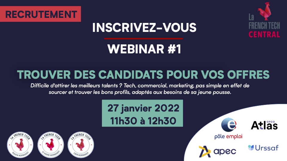 WEBINAR FRENCH TECH CENTRAL
💡Comment trouver les meilleurs candidats à vos offres d'emploi ?
📆Date : 27 janvier 2022 de 11h30 à 12h30
Inscription : bit.ly/3Fdl9ya
*Webinar ouvert à tous publics.