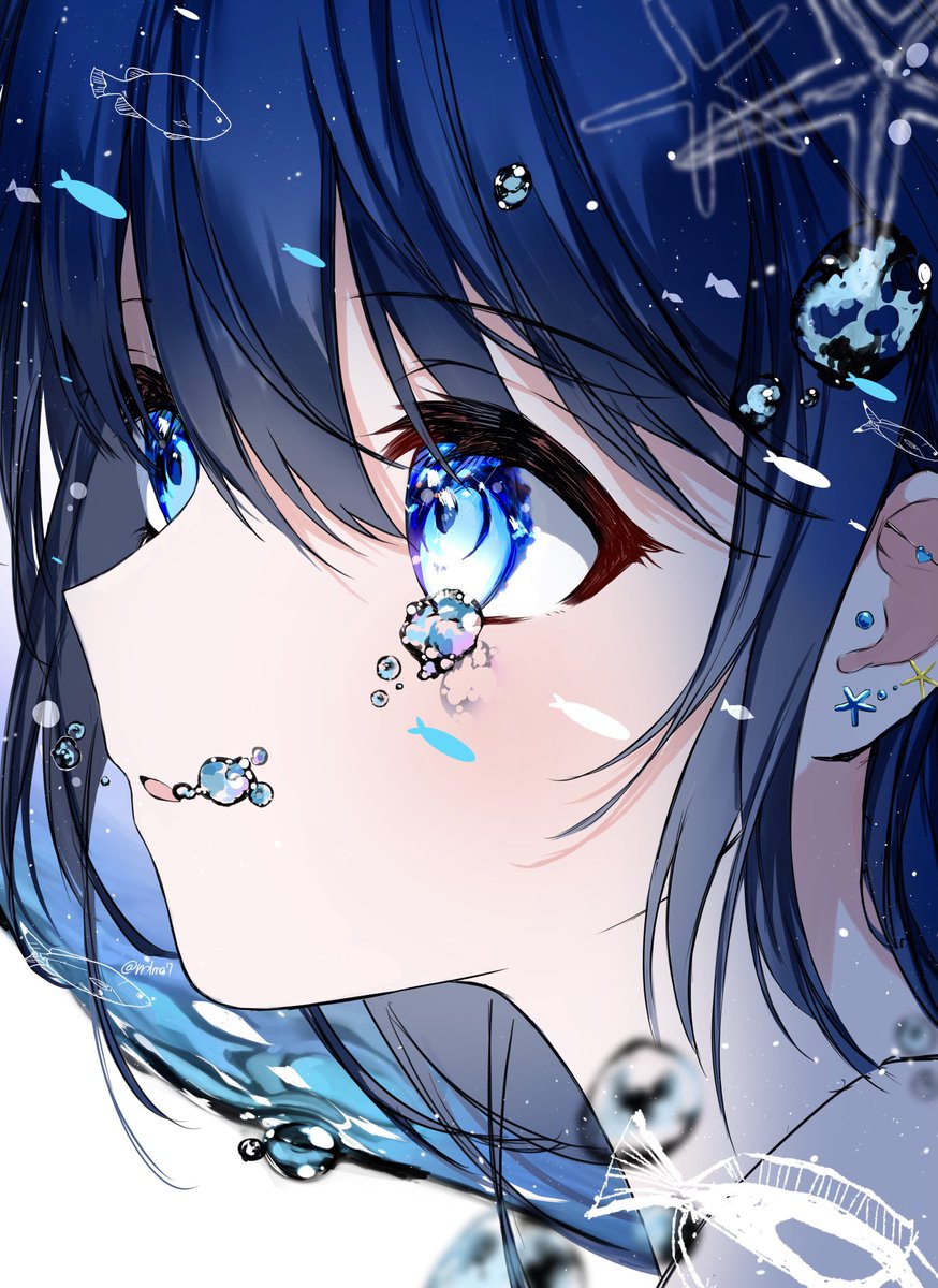 1girl solo blue eyes blue hair bangs portrait bubble  illustration images