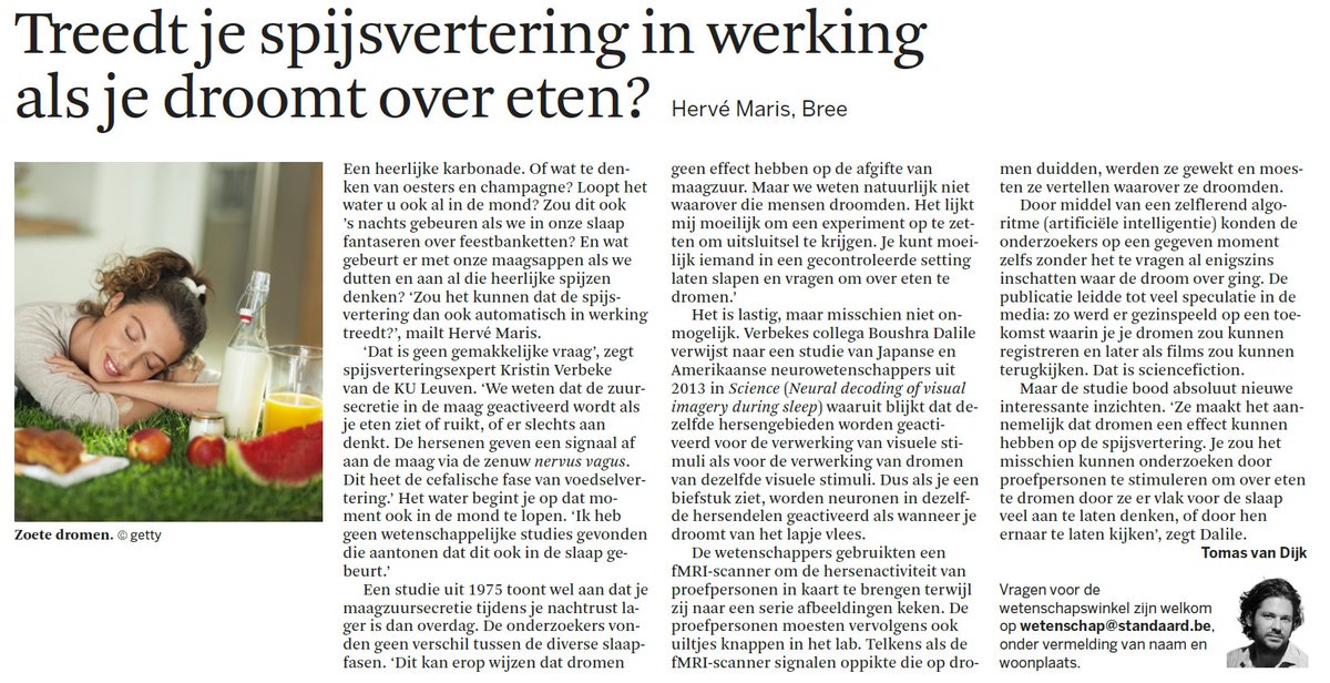 Science readers can have very thought-provoking questions 😌! Does gastric secretion occur when we #dream of food? 🤤Myself and <a href="/KristinVerbeke/">Kristin verbeke</a> gave some pointers, published this morning in <a href="/destandaard/">De Standaard</a> under "Wetenschapswinkel"📰(dutch only) by <a href="/tomasvd/">Tomas van Dijk mastodon.nl/@tomasvd</a>.