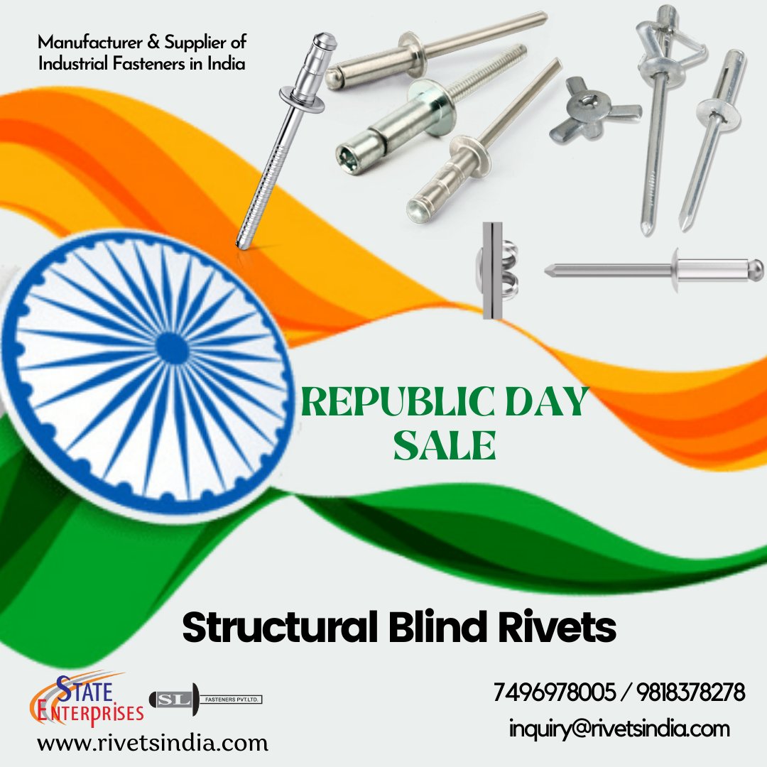Slfasteners321's tweet image. Republic Day Sale, make your best buy on Structural Rivets. Call us directly now at 7496978005/9818378278 or mail us at inquiry@rivetsinida.com.
#republicsale2022 #republicdaysale #structuralrivets #blindrivets #rivets #tools #powertools #fasteners #insertnuts