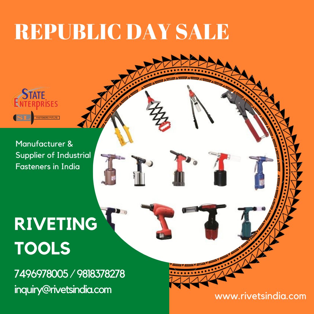 Slfasteners321's tweet image. Republic Day Sale, make your best buy on Riveting Tools. Call us directly now at 7496978005/9818378278 or mail us at inquiry@rivetsinida.com.
#republicsale2022 #republicdaysale #structuralrivets #blindrivets #rivets #tools #powertools #fasteners #insertnuts