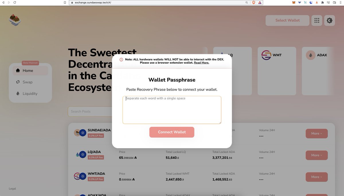 conraddit's tweet image. Guys, another scam. This time someone created: exchange.sundaeswap.tech which looks exactly the same as SundaeSwap's UI but prompts for your seed phrase. This is not SundaeSwap. I'm reporting it to @Cloudflare, the Registrar to the domain. See screen shot below. SCAM ALERT!