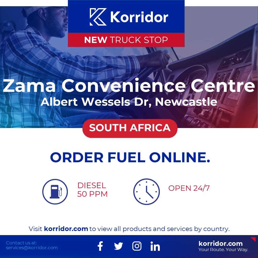 Order Fuel online with Korridor at Zama Convenience Centre, Albert Wessels Dr, Newcastle, KwaZulu-Natal.
#Technology #Logistics #Transport #Transportation #Freight #FleetManagement
