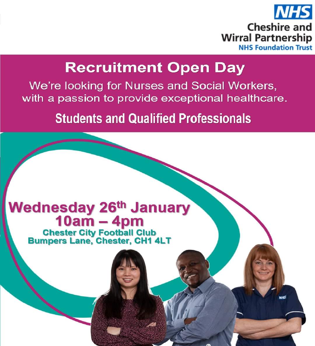 On Wednesday 26th January 10:00 -16:00 <a href="/cwpnhs/">Cheshire and Wirral Partnership NHS FT</a> will be holding a Recruitment Open Day for Nurses and Social Workers (students welcome!) <a href="/ChesterFC/">Chester FC</a>
Attendees will have the opportunity to ask any questions about the role, learn more about CWP as a Trust, apply and be interviewed!