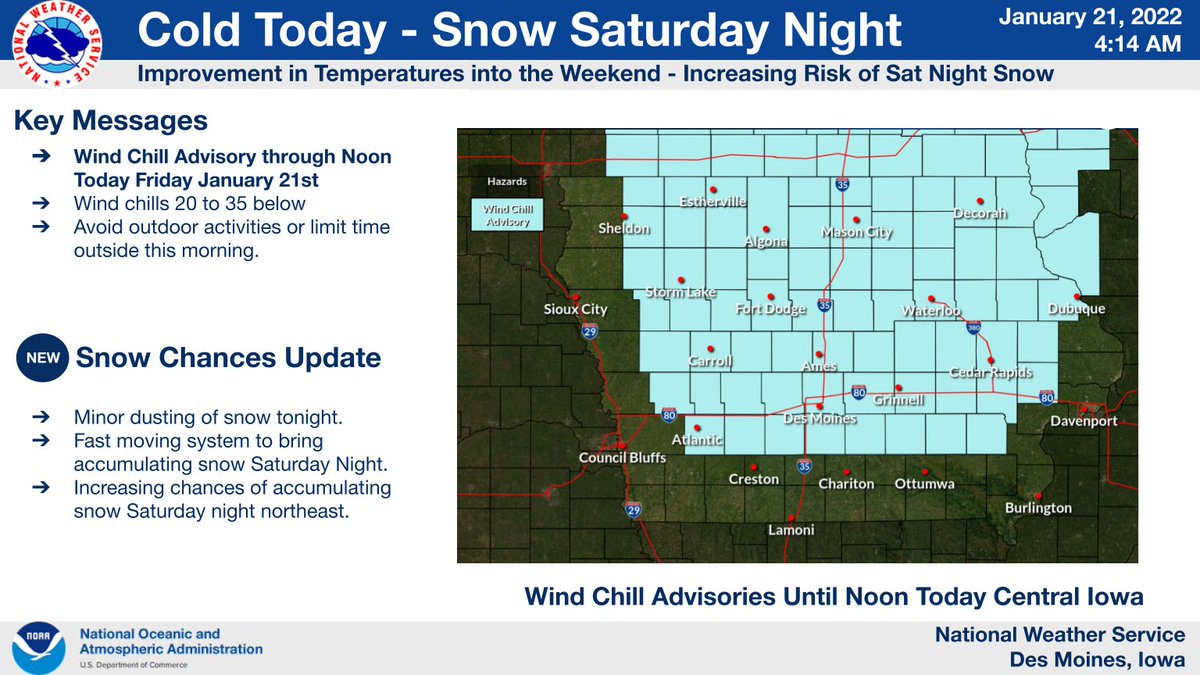 NWSDesMoines's tweet photo. Bitter Cold This Morning - Snow chances increase Saturday night north/northeast.  #iawx https://t.co/TTslEK51YD