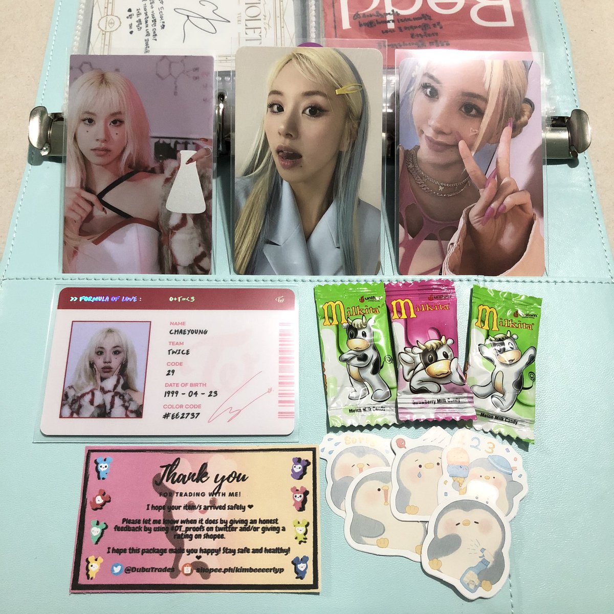 S9Y10M23C's tweet photo. [ 📫 - #042399mails ]

hii @DubuTrades, thank you for trading with me and for packing these items carefully! chaeyoung made it to me safe and sound <33 ++ the pengu stickers aaa so cute >< #DT_proofs https://t.co/K5rNooLKng