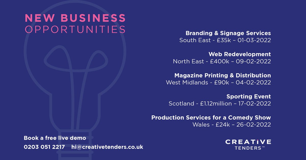 Creative_Tender's tweet photo. See what we’ve uploaded this week!

These are just five of the 350+ live tenders available on our Creative Tenders portal.
Start a free trial to see how Creative Tenders can work for your business: https://t.co/kkhNzSWMu7
#CreativeOpportunities #CreativeTenders #CreativeIndustry https://t.co/upGZZACqFb
